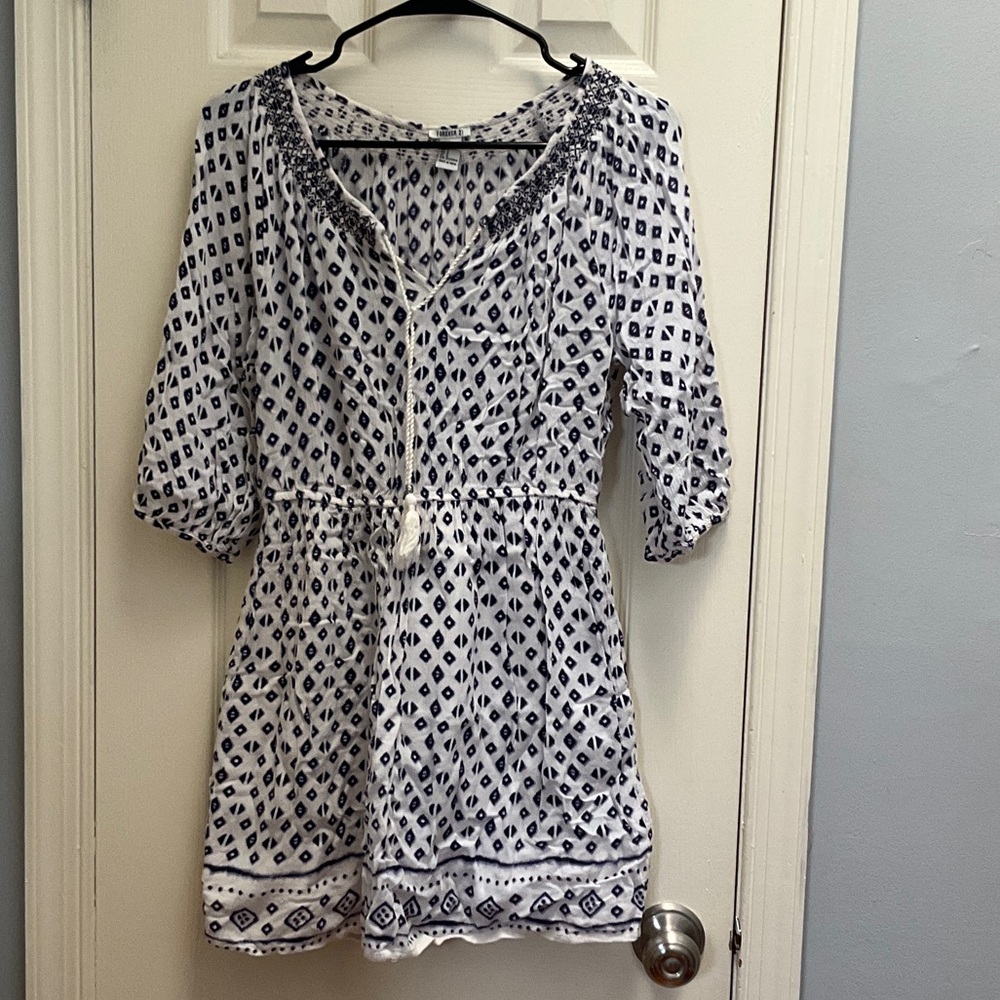 Forever 21 White and Navy Printed Boho Tunic Dress
